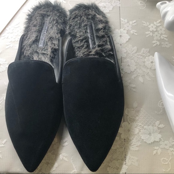Banana Republic Shoes - Banana Republic Black Suede Mules Slip - Ons with Soft Fur Insole NWOT Flats